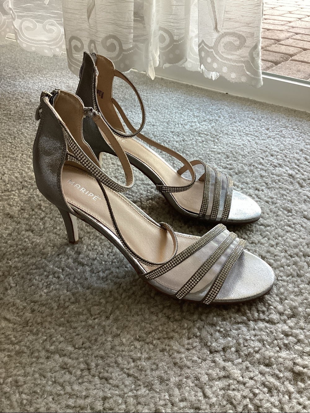 Maripe Silver Rhinestone-Strap Open-Toe Stilettos